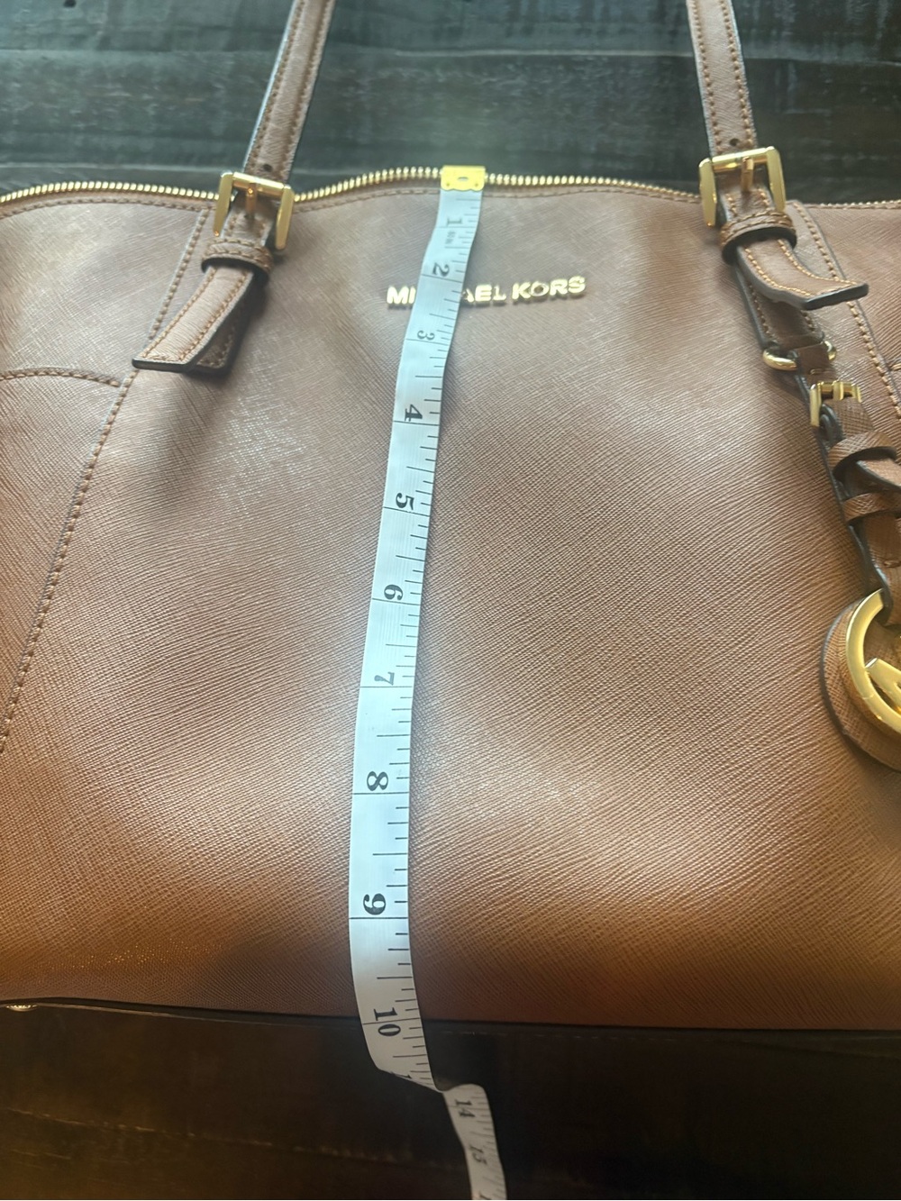 Michael Kors Jet Set Tote Brown Saffiano Leather Shoulder Bag MK Charm - Picture 13 of 14